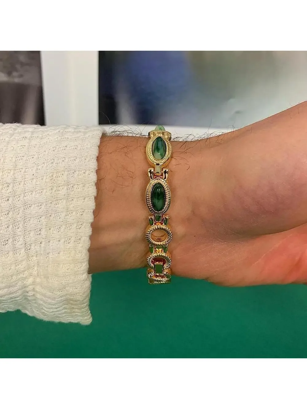 Y2k style Dainty cute Gold style tone quartz watch with green jade stone opal ac